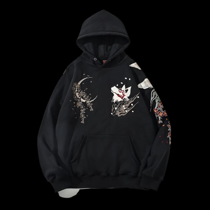 Japanese Embroidery Black Hoodie